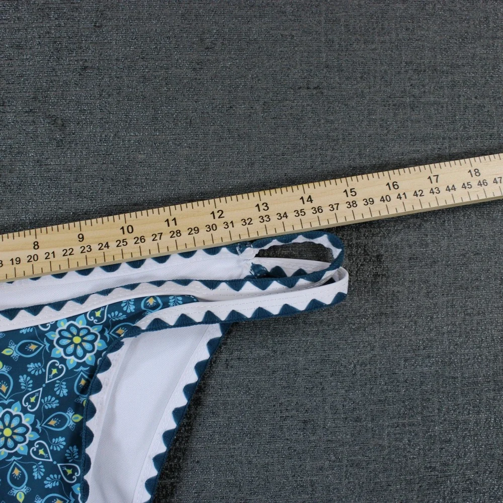 Blue Floral Mandala Ric Rac Trim Triangle Bikini Set High Cut Two Piece Swimsuit